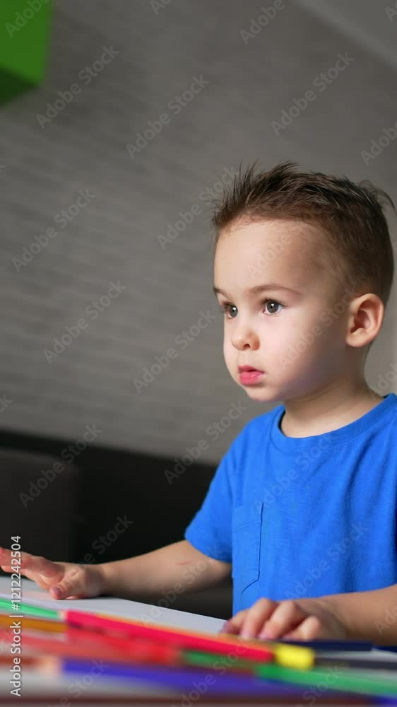 Little cute boy drawing concept. Cute playful boy painting with pencils. Vertical video Little cute boy drawing concept. Cute playful boy painting with pencils. Vertical video