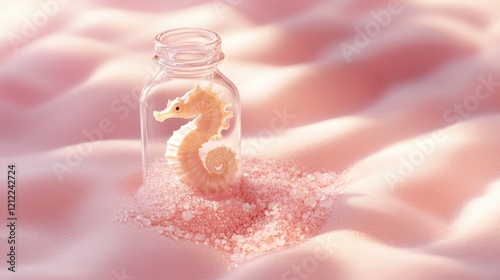 Enchanted Seahorse in Glass Jar on Soft Pink Background