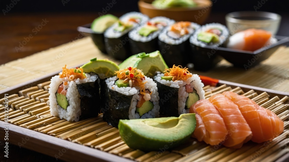 A beautifully arranged sushi platter featuring rolls, salmon, and avocado. A beautifully arranged sushi platter featuring rolls, salmon, and avocado.