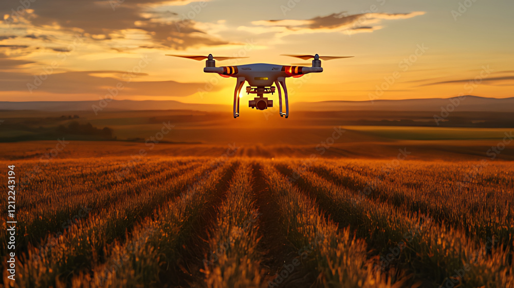 Drone sunset aerial farm field survey Drone sunset aerial farm field survey