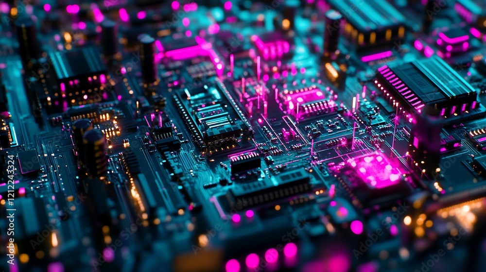 Close-up of a complex circuit board with glowing pink and blue components. Close-up of a complex circuit board with glowing pink and blue components.