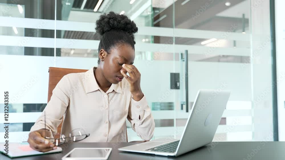 African American businesswoman suffering from eye strain and headache working on laptop at workplace in business office. Tired black woman employee takes off glasses and massages, rubs bridge of nose