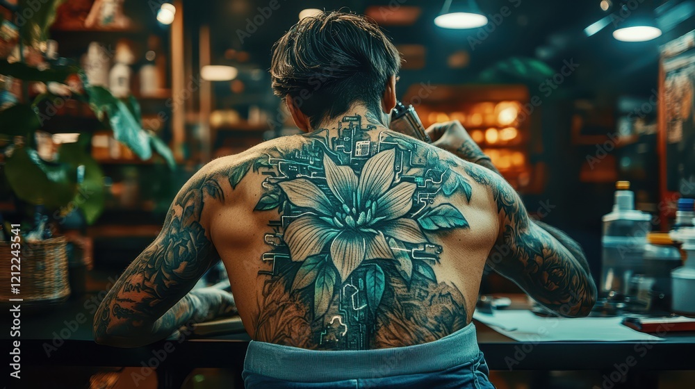 Obraz premium In a cozy and inviting studio atmosphere, a talented tattoo artist is meticulously crafting an intricate floral design on a client's back during a serene late evening session