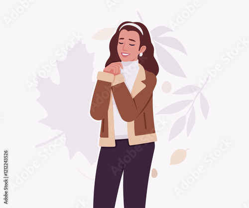 Woman wearing shearling warm coat jacket pleading pose. Cold winter comfort, fall season attractive lady city daily life. Vector flat style cartoon illustration, autumn leaves creative background