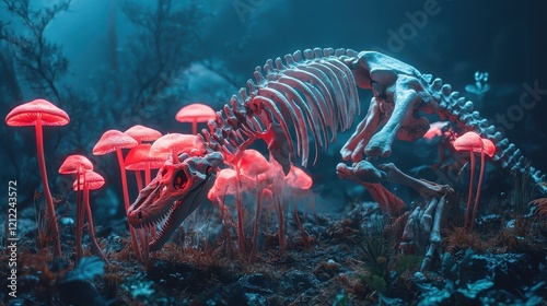 A stunning taxidermied dinosaur skeleton is entwined with a vivid array of neon mushrooms, creating an otherworldly scene in a surreal underworld photo