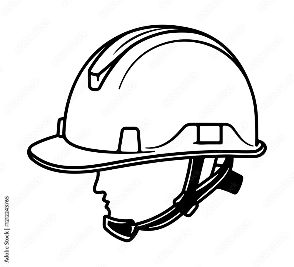 illustration of a head in a construction or work helmet with a black outline without background illustration of a head in a construction or work helmet with a black outline without background