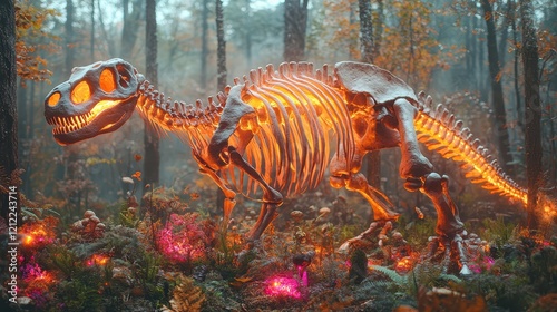 Taxidermied dinosaur skeleton entwined with neon vegetation in a misty forest showcasing vibrant colors and surreal ambiance at dusk photo