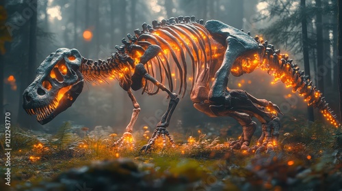 In a dense forest at dusk, a striking taxidermied dinosaur skeleton stands illuminated by a vibrant neon glow, creating an otherworldly atmosphere photo