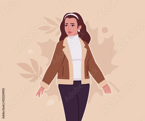 Woman wearing shearling warm coat jacket standing pose. Cold winter comfort, fall season attractive lady city daily life. Vector flat style cartoon illustration, autumn leaves creative background