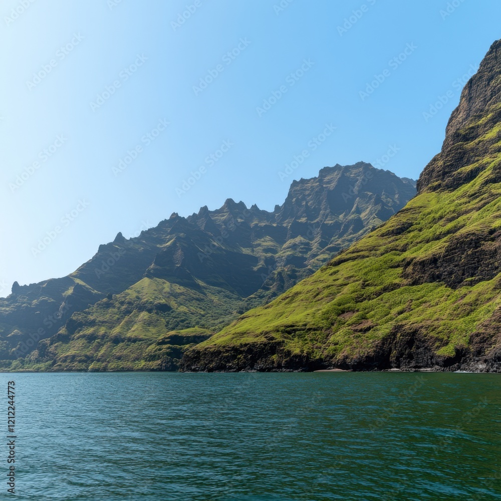 A stunning coastal scene featuring lush green mountains rising dramatically above a calm blue sea under a clear sky. A stunning coastal scene featuring lush green mountains rising dramatically above a calm blue sea under a clear sky.
