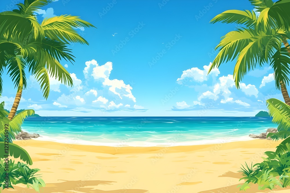 A tranquil beach background illustration featuring soft golden sand and calm blue waters, framed by tall, swaying coconut trees on either side. A bright blue sky with clouds adds to the tropical charm A tranquil beach background illustration featuring soft golden sand and calm blue waters, framed by tall, swaying coconut trees on either side. A bright blue sky with clouds adds to the tropical charm