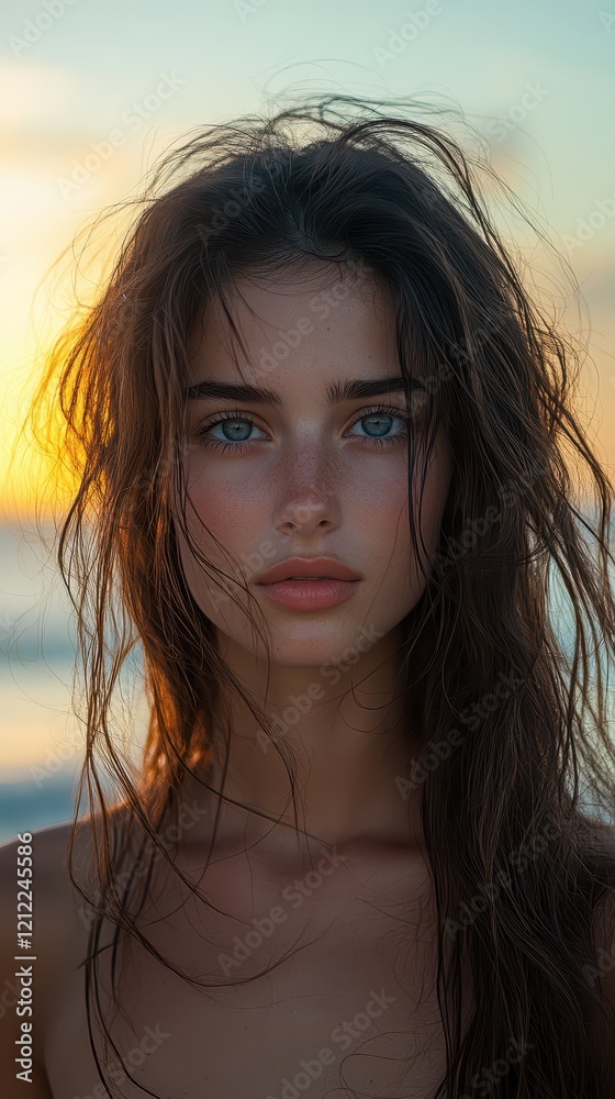 Fototapeta premium Young woman with striking blue eyes and tousled hair against a stunning sunset at the beach, capturing a serene and contemplative moment