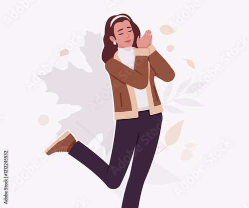 Woman wearing shearling warm coat jacket romantic pose. Cold winter comfort, fall season attractive lady city daily life. Vector flat style cartoon illustration, autumn leaves creative background
