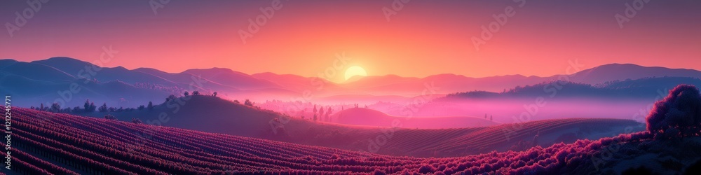 Obraz premium Morning fog lifting over Napa Valley vineyards, sun rising, lush grapevines on rolling hills, enchanting landscape awakening.