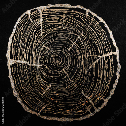 Wood structure, drawing with golden pen on black background. The dabbing technique near the edges gives a soft focus effect due to the altered surface roughness of the paper.