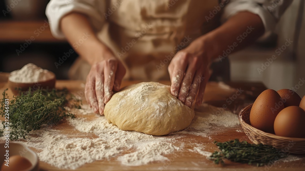 Kneading dough with fresh herbs and eggs in a cozy kitchen setting during a home baking session focusing on traditional techniques Kneading dough with fresh herbs and eggs in a cozy kitchen setting during a home baking session focusing on traditional techniques