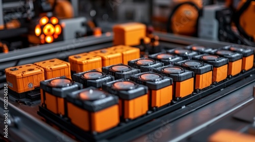 An inside view of a lithium-ion battery factory with large machines and conveyor belts processing raw materials, assembling battery cells, and conducting final quality testing.