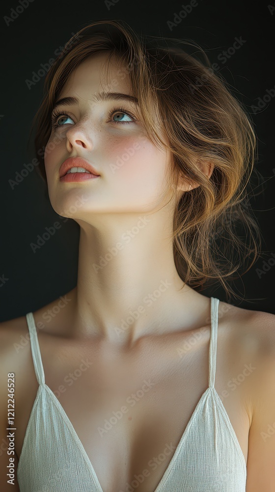Candid moment of a young woman with minimalistic style looking upward in natural light, showcasing her serene expression and graceful posture Candid moment of a young woman with minimalistic style looking upward in natural light, showcasing her serene expression and graceful posture