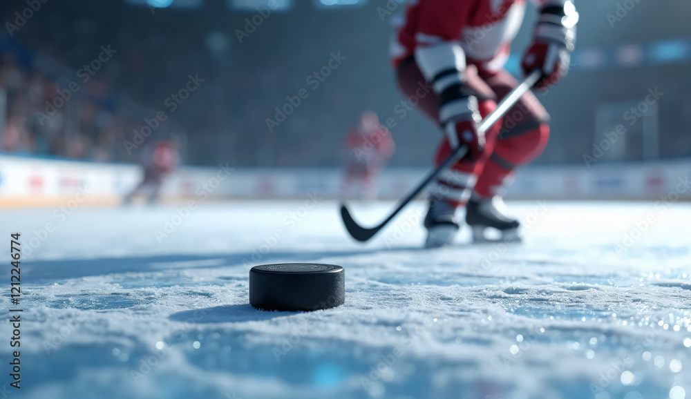 Obraz premium This close-up moment of a hockey stick and puck on a chilled rink highlights the serenity that precedes the fast-paced action of a hockey game.