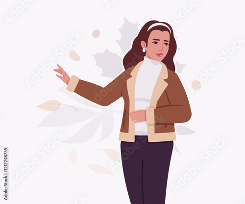 Woman wearing shearling warm coat jacket, speaker pose. Cold winter comfort, fall season attractive lady city daily life. Vector flat style cartoon illustration, autumn leaves creative background