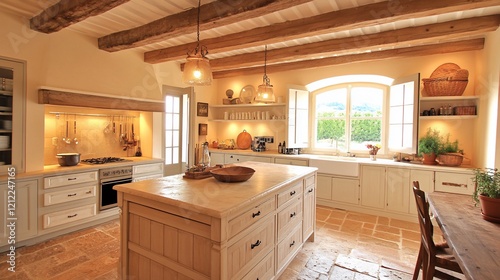 Rustic kitchen with exposed beams  island  and arched window.