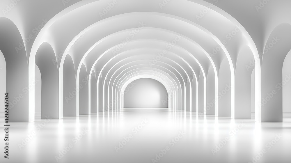 Fototapeta premium White arched hallway interior design, bright space, perspective, architecture, background for presentations