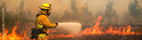 Firefighter extinguishing forest fire amidst hazy skies, showcasing bravery and urgency