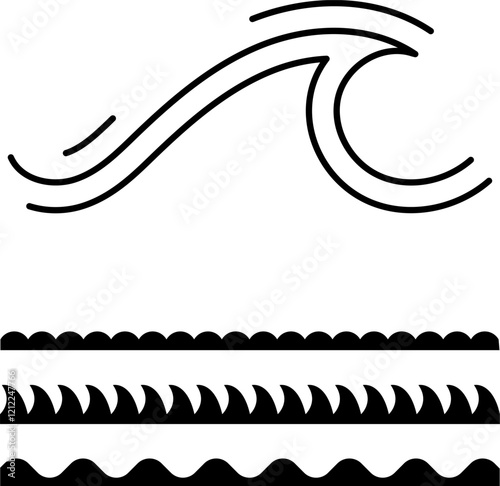 Water line wave ornament collection for print, UI or app web design. Seamless vector marine wave decoration pattern isolated on white background. Ocean, sea waves flat Trendy Simple lines icons symbol