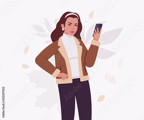 Woman wearing shearling warm coat jacket, phone user pose. Cold winter comfort, fall season attractive lady city daily life. Vector flat style cartoon illustration, autumn leaves creative background