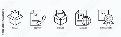 Journey Of Progress Icon Set Isolated Vector With Icon Of Release, Delivery, Backlog, Package, Satisfaction In Outline Style