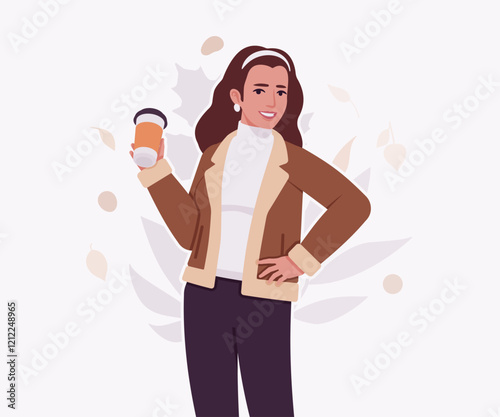 Woman wearing shearling warm coat jacket coffee hold pose. Cold winter comfort, fall season attractive lady city daily life. Vector flat style cartoon illustration, autumn leaves creative background