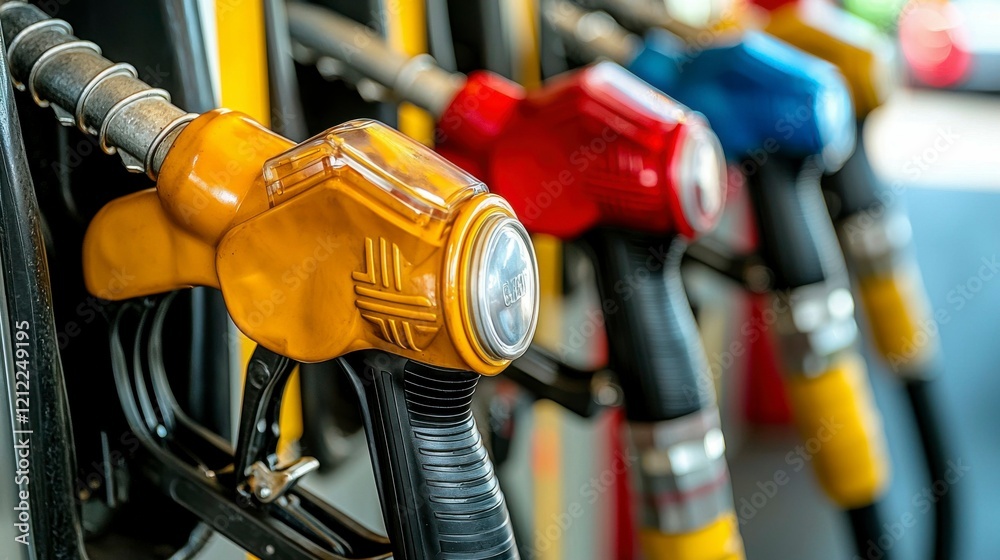 A clean and detailed shot of fuel nozzles at a gas station, with a focus on the fuel nozzle handle, nozzle body, and hose connected to the pump system. A clean and detailed shot of fuel nozzles at a gas station, with a focus on the fuel nozzle handle, nozzle body, and hose connected to the pump system.