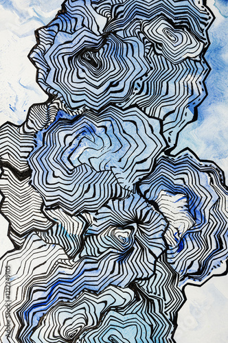 Abstract line work, drawing with sharp edges with pen and ink. The dabbing technique near the edges gives a soft focus effect due to the altered surface roughness of the paper.