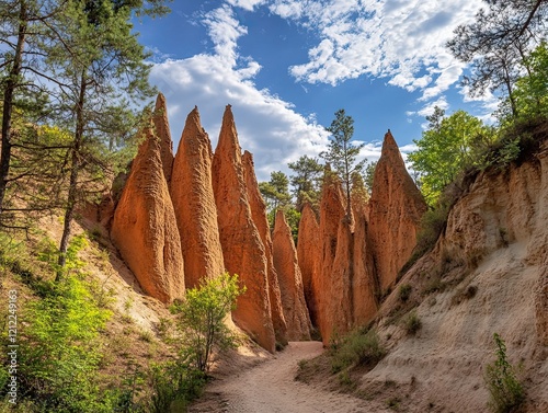 Hiking trail through terracotta hoodoos, sunny day, forest background, nature travel photography photo