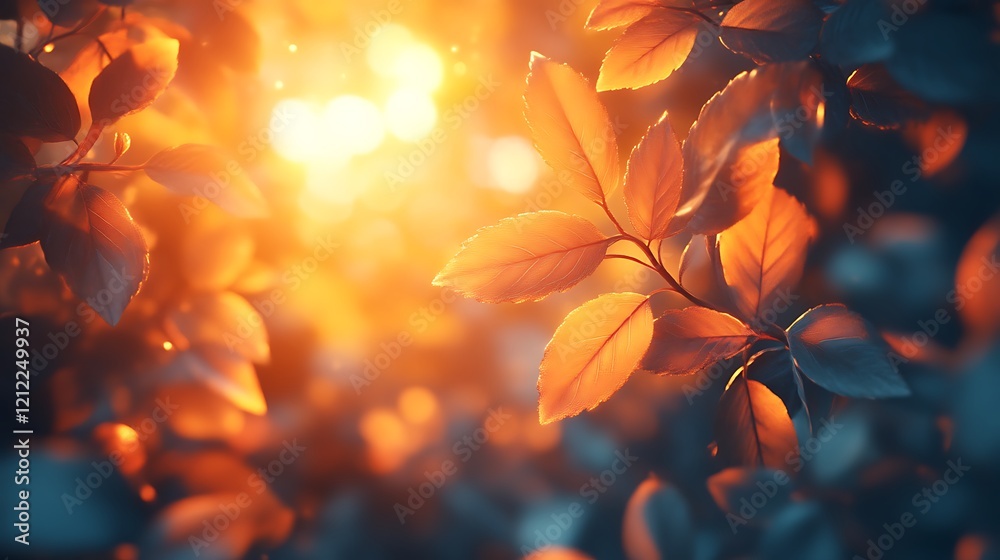 Fototapeta premium Golden Autumn Leaves Illuminated by Sunset Light
