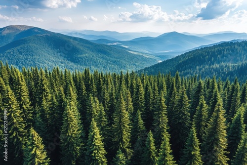 Aerial view mountain forest, blue sky, distant peaks, nature tourism photo