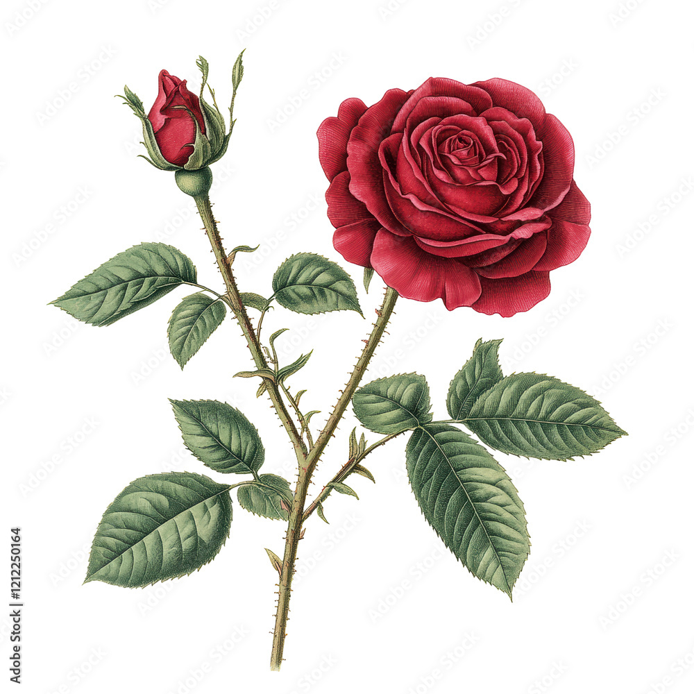 Isolated Red Rose with Leaves and Buds Isolated Red Rose with Leaves and Buds