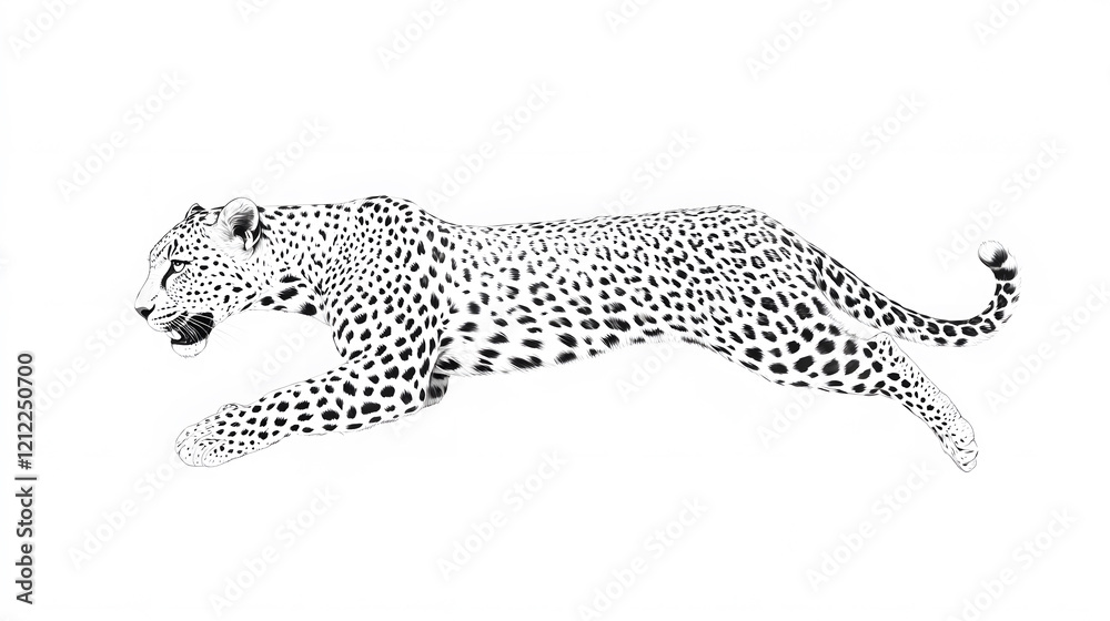 Naklejka premium Leopard running at full speed black and white illustration isolated on white background 