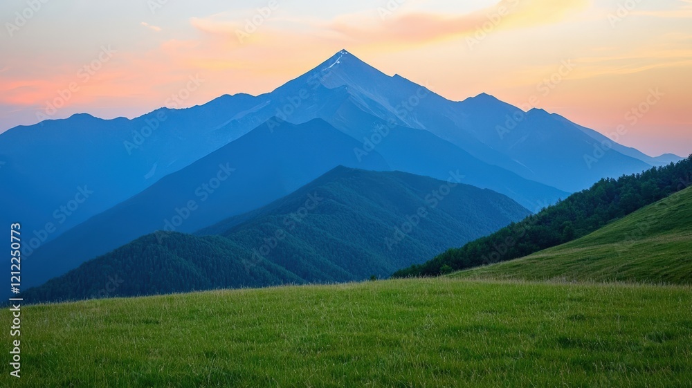 Obraz premium carbon dioxide climate monitoring concept. Majestic mountains silhouetted against a colorful sunset with lush green foreground.
