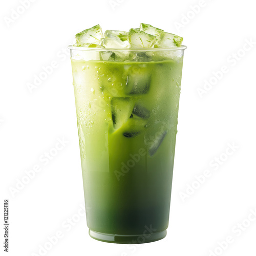 Isolated iced matcha latte in clear plastic cup