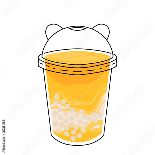 Set of plastic glasses with Taiwanese bubble or boba milk tea with different flavors: matcha, honeydew, etc. Collection of cold Asian drink from tapioca pearls. Colorful flat vector illustration