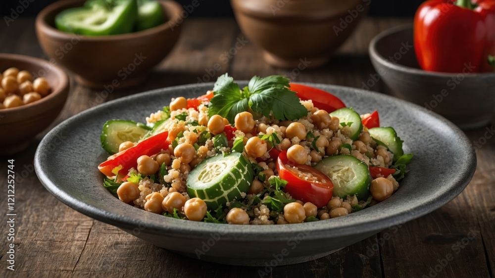 A vibrant salad featuring chickpeas, cucumbers, and peppers, served in a rustic bowl. A vibrant salad featuring chickpeas, cucumbers, and peppers, served in a rustic bowl.