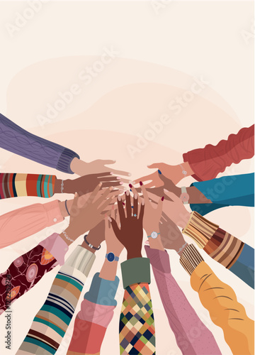 Hands stacked in a circle of group multicultural women. Diversity - inclusion - equality - girl power or empowerment concept. International women s day. Awareness Breast cancer