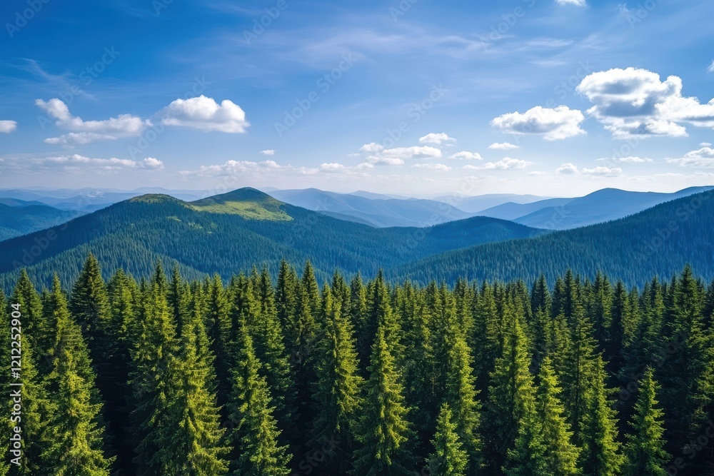 Aerial view Coniferous forest, mountain range, sunny day, clouds, travel brochure Aerial view Coniferous forest, mountain range, sunny day, clouds, travel brochure