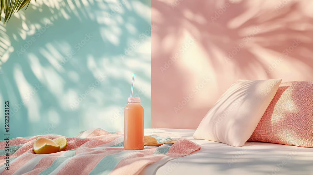 Summer Serenity: Pink and Teal Beach Scene with Refreshing Drink and Fruit Summer Serenity: Pink and Teal Beach Scene with Refreshing Drink and Fruit