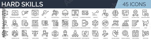 Set of 45 outline icons related to hard skills.  Linear icon collection. Editable stroke. Vector illustration	