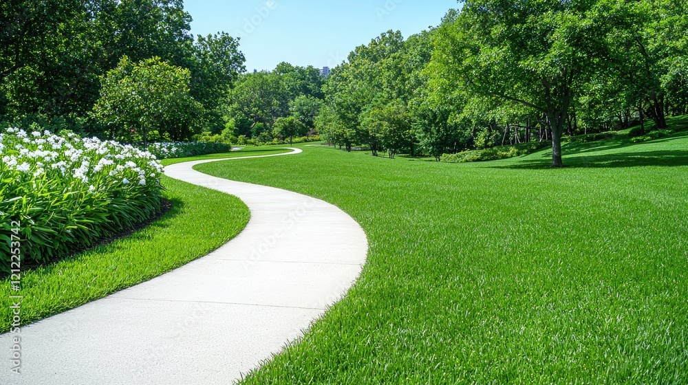 Winding path through lush green park, sunny day. Use website banner, travel brochure Winding path through lush green park, sunny day. Use website banner, travel brochure
