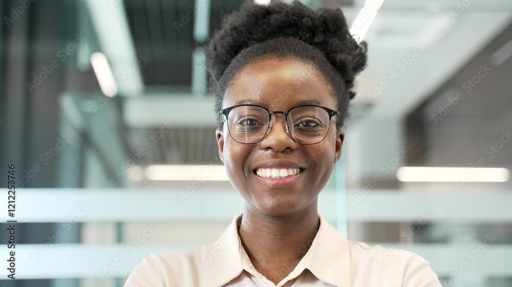 Portrait of smiling african american businesswoman in glasses standing at workplace in modern business office. Head shot of happy black woman employee or manager posing looking at camera. Close up Portrait of smiling african american businesswoman in glasses standing at workplace in modern business office. Head shot of happy black woman employee or manager posing looking at camera. Close up