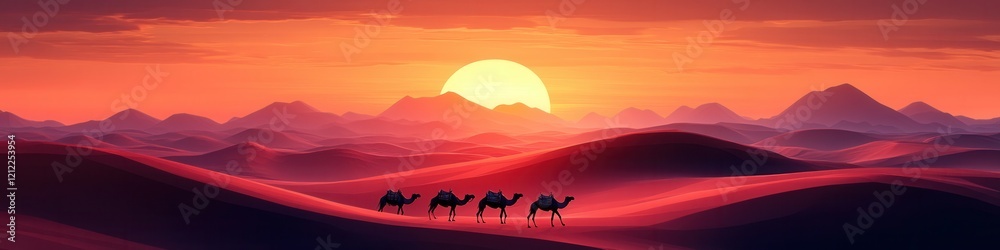 Fototapeta premium Sahara Sunset Serenity, enchanting twilight hues illuminating expansive dunes, camels gracefully traversing the golden sands, a tranquil desert vista