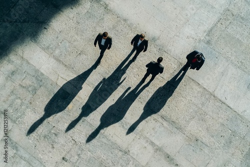 Top aerial view businessman people walk on across pedestrian concrete with black silhouette shadow on ground.